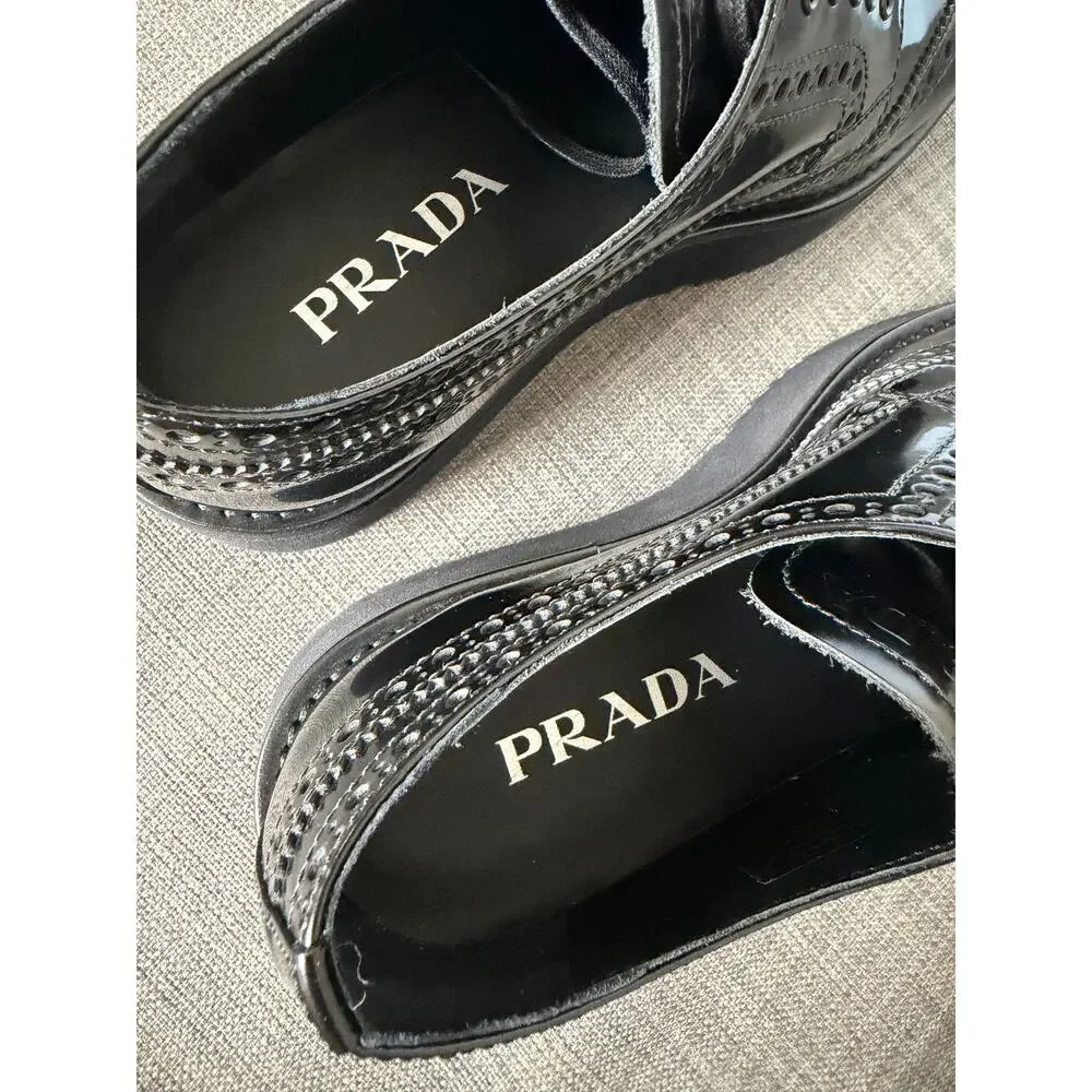 New Prada Leather Platform Brogue Derby Dress Shoes Sneakers Black Size 35.5
